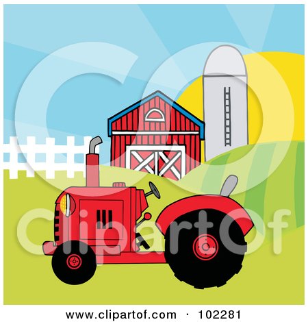 Red Farm Tractor In A Pasture Near A Barn And Silo Posters, Art Prints