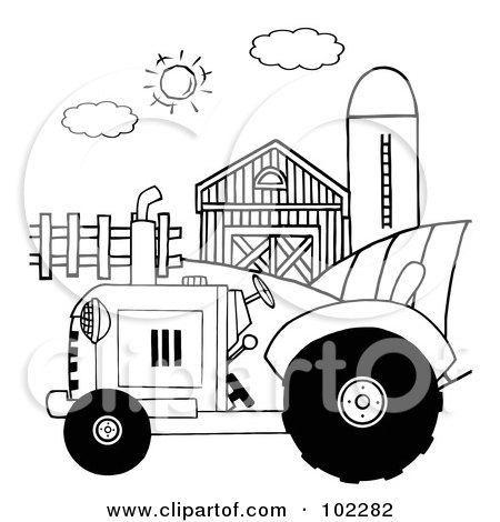 Royalty-Free (RF) Clipart Illustration of an Outlined Farm Tractor In A Pasture Near A Barn And Silo by Hit Toon