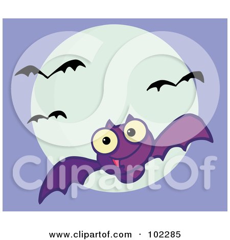 Royalty-Free (RF) Clipart Illustration of a Flying Purple Vampire Bat And Full Moon by Hit Toon