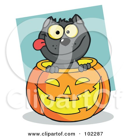 Royalty-Free (RF) Clipart Illustration of a Happy Black Cat In A Pumpkin by Hit Toon