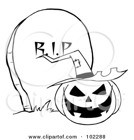 Royalty-Free (RF) Clipart Illustration of an Outlined Jack O Lantern By A Tombstone by Hit Toon