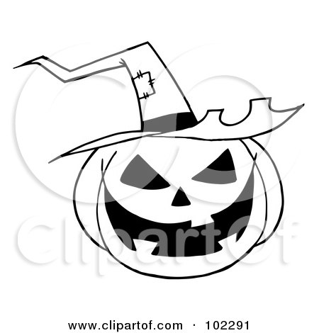 Royalty-Free (RF) Clipart Illustration of a Black And White Outline Of A Jack O Lantern Wearing A Witch Hat by Hit Toon