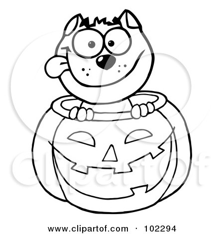 Royalty-Free (RF) Clipart Illustration of a Coloring Page Outline Of A Happy Cat In A Pumpkin by Hit Toon