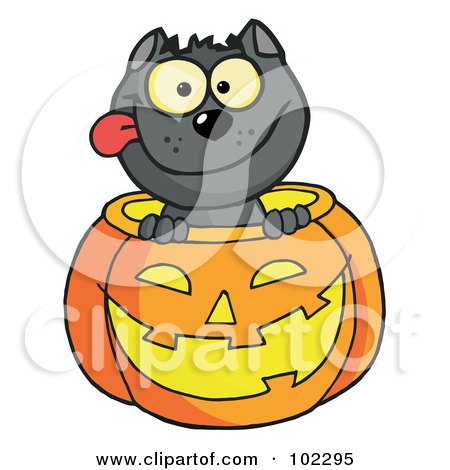 Royalty-Free (RF) Clipart Illustration of a Happy Cat In A Pumpkin by Hit Toon
