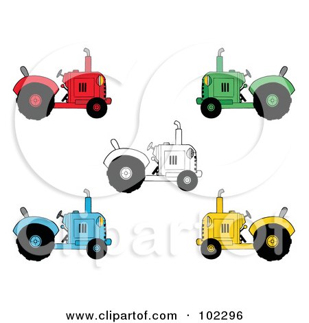 Royalty-Free (RF) Clipart Illustration of a Digital Collage Of Black And White, Red, Green, Blue And Yellow Farm Tractors by Hit Toon