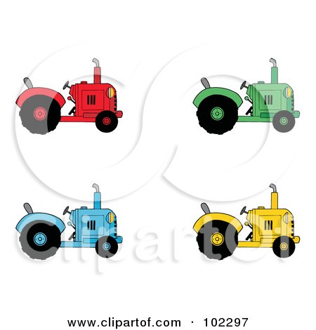 Royalty-Free (RF) Clipart Illustration of a Digital Collage Of Red, Green, Blue And Yellow Farm Tractors by Hit Toon