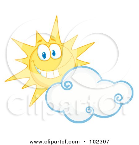 Royalty-Free (RF) Clipart Illustration of a Sunny Face Smiling Behind A Cloud by Hit Toon