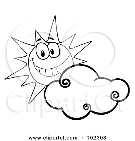 Royalty-Free (RF) Clipart Illustration of an Outlined Sunny Face Smiling Behind A Cloud by Hit Toon