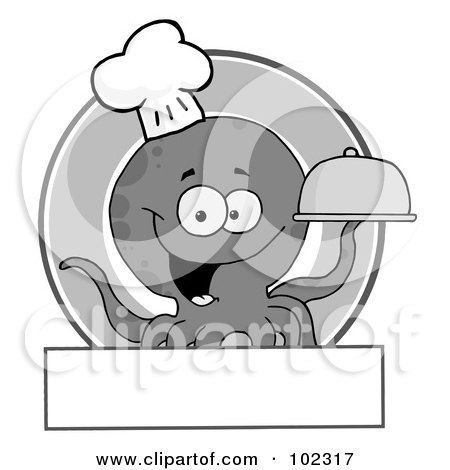 Royalty-Free (RF) Clipart Illustration of a Grayscale Octopus Chef Logo by Hit Toon