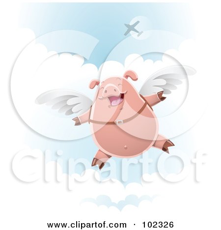Royalty-Free (RF) Clipart Illustration of a Skydiving Pig With Wings Strapped To His Back by Qiun