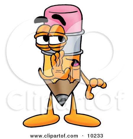 Clipart Picture of a Pencil Mascot Cartoon Character Whispering and Gossiping by Mascot Junction