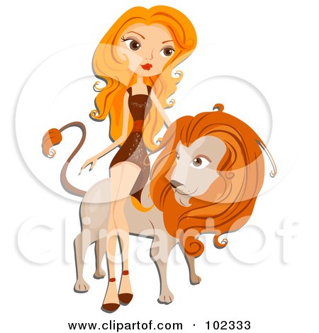 Royalty-Free (RF) Clipart Illustration of a Beautiful Leo Zodiac Woman Leaning Against A Lion by BNP Design Studio