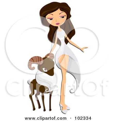 Royalty-Free (RF) Clipart Illustration of a Beautiful Aries Zodiac Woman Walking With A Ram by BNP Design Studio