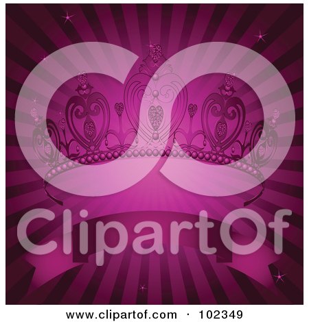 Royalty-Free (RF) Clipart Illustration of a Tiara Over A Blank Banner On A Purple Ray Background by Pushkin