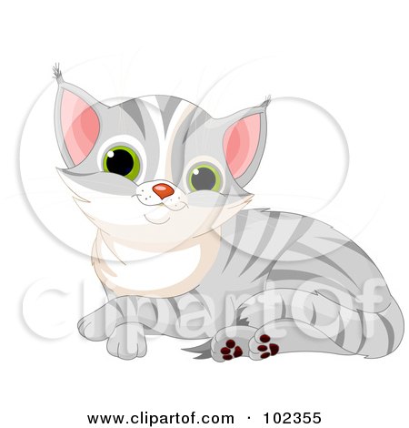 Royalty-Free (RF) Clipart Illustration of a Cute Gray Tabby Kitten Resting by Pushkin