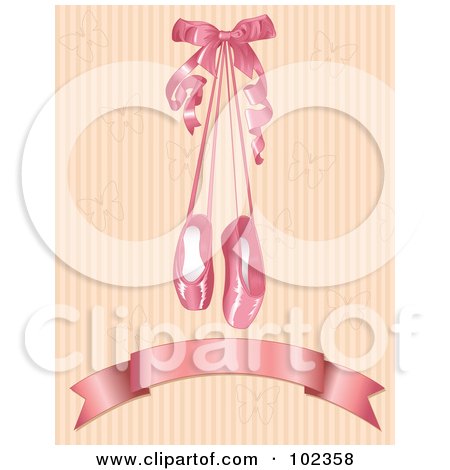 Royalty-Free (RF) Clipart Illustration of Satin Ballet Slippers Hanging Over A Blank Banner On Beige Stripes by Pushkin