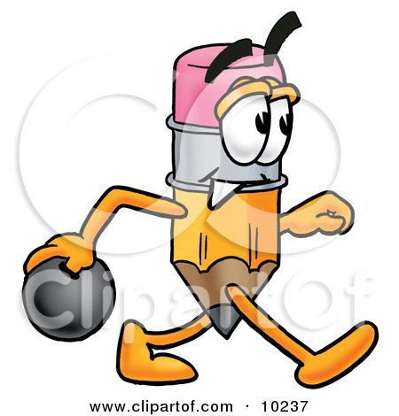 Clipart Picture of a Pencil Mascot Cartoon Character Holding a Bowling Ball by Mascot Junction