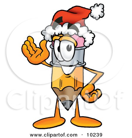 Clipart Picture of a Pencil Mascot Cartoon Character Wearing a Santa Hat While Waving Hello by Mascot Junction