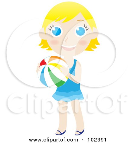 Royalty-Free (RF) Clipart Illustration of a Blond Caucasian Summer Girl Holding A Beach Ball by Rosie Piter