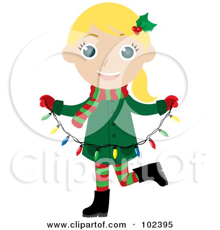 Royalty-Free (RF) Clipart Illustration of a Blond Caucasian Christmas Girl Holding A Strand Of Christmas Lights by Rosie Piter