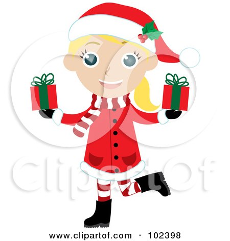 Royalty-Free (RF) Clipart Illustration of a Blond Christmas Girl In A Red Coat, Carrying Presents by Rosie Piter