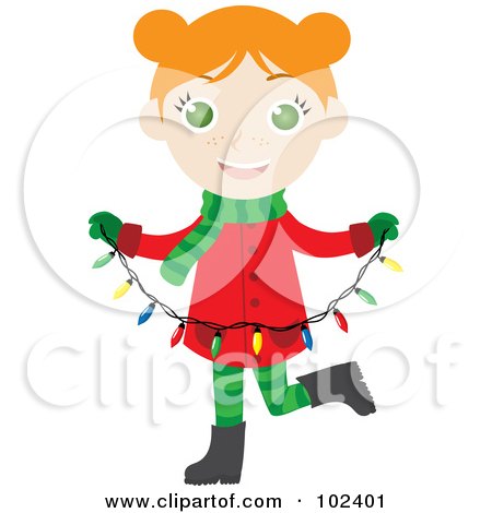 Royalty-Free (RF) Clipart Illustration of an Irish Christmas Girl Holding A Strand Of Christmas Lights by Rosie Piter