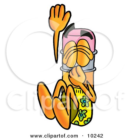 Clipart Picture of a Pencil Mascot Cartoon Character Plugging His Nose While Jumping Into Water by Mascot Junction