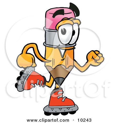 Clipart Picture of a Pencil Mascot Cartoon Character Roller Blading on Inline Skates by Mascot Junction