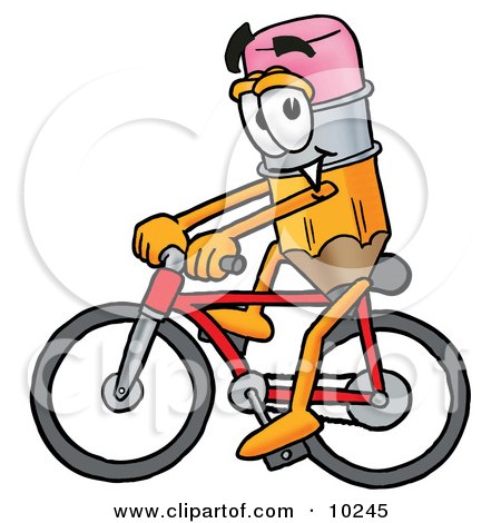Clipart Picture of a Pencil Mascot Cartoon Character Riding a Bicycle by Mascot Junction
