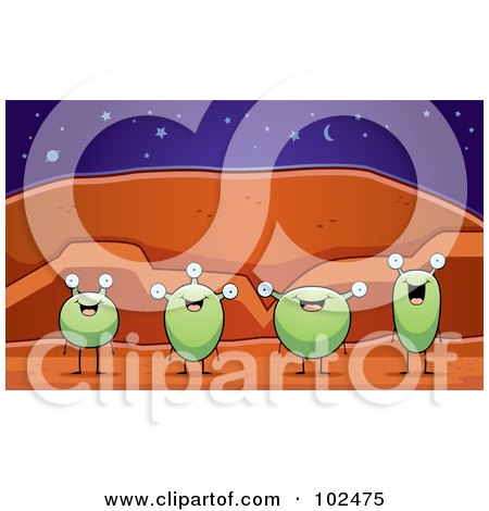 Royalty-Free (RF) Clipart Illustration of a Row Of Happy Green Martians by Cory Thoman