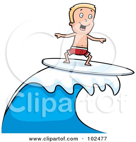 Royalty-Free (RF) Clipart Illustration of a Happy Blond Boy Surfing And Riding A Wave by Cory Thoman