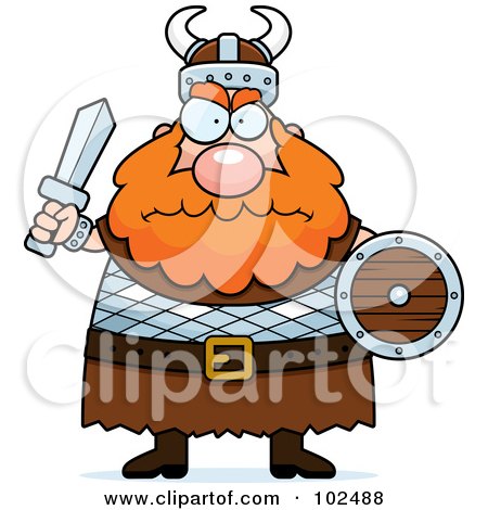 Royalty-Free (RF) Clipart Illustration of a Chubby Mad Viking Man Holding A Sword And Shield by Cory Thoman