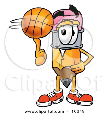 Clipart Picture of a Pencil Mascot Cartoon Character Spinning a Basketball on His Finger by Mascot Junction