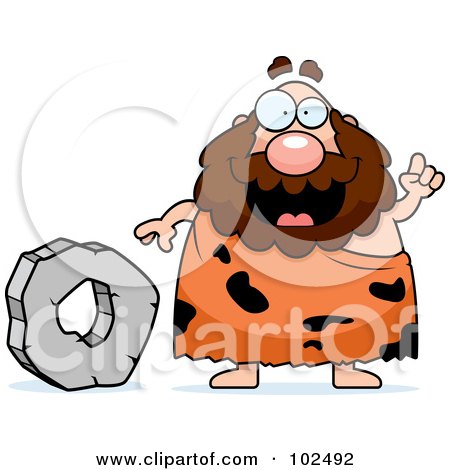 Royalty-Free (RF) Clipart Illustration of a Chubby Caveman Standing By A Stone Wheel by Cory Thoman