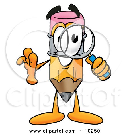 Clipart Picture of a Pencil Mascot Cartoon Character Looking Through a Magnifying Glass by Mascot Junction