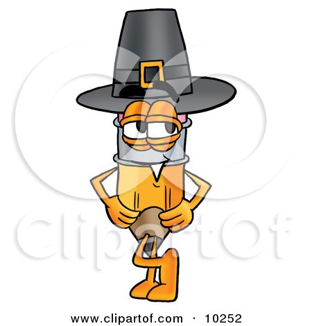 Clipart Picture of a Pencil Mascot Cartoon Character Wearing a Pilgrim Hat on Thanksgiving by Mascot Junction