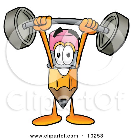 Clipart Picture of a Pencil Mascot Cartoon Character Holding a Heavy Barbell Above His Head by Mascot Junction