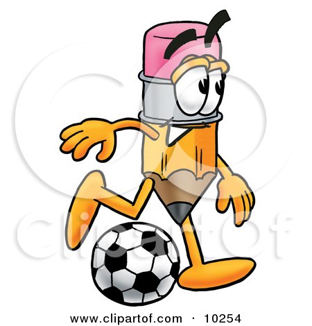 Clipart Picture of a Pencil Mascot Cartoon Character Kicking a Soccer Ball by Mascot Junction