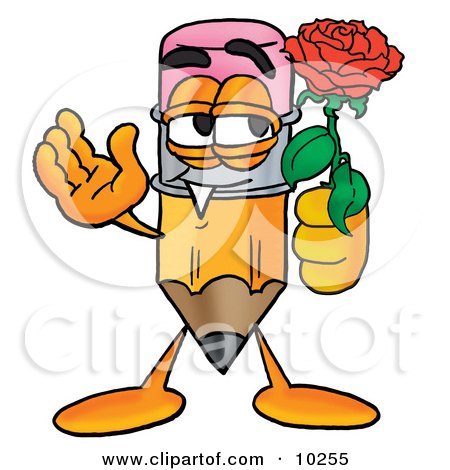 Clipart Picture of a Pencil Mascot Cartoon Character Holding a Red Rose on Valentines Day by Mascot Junction
