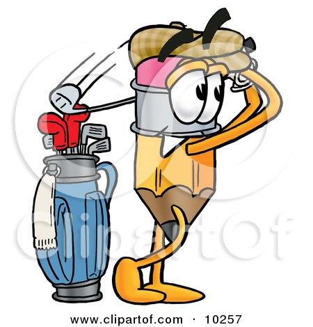 Clipart Picture of a Pencil Mascot Cartoon Character Swinging His Golf Club While Golfing by Mascot Junction