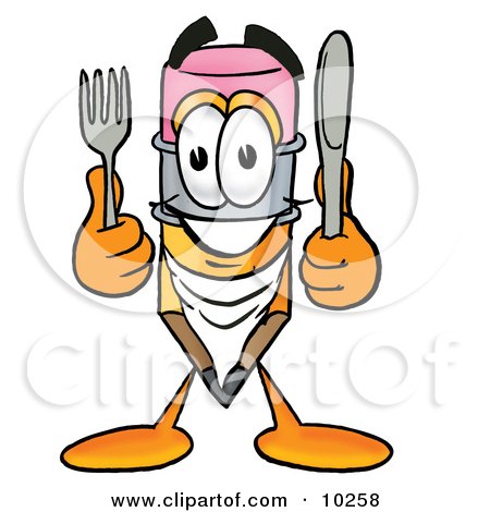 Clipart Picture of a Pencil Mascot Cartoon Character Holding a Knife and Fork by Mascot Junction