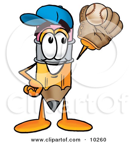 Clipart Picture of a Pencil Mascot Cartoon Character Catching a Baseball With a Glove by Mascot Junction