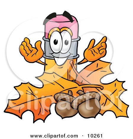 Clipart Picture of a Pencil Mascot Cartoon Character With Autumn Leaves and Acorns in the Fall by Mascot Junction