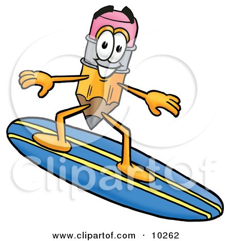 Clipart Picture of a Pencil Mascot Cartoon Character Surfing on a Blue and Yellow Surfboard by Mascot Junction