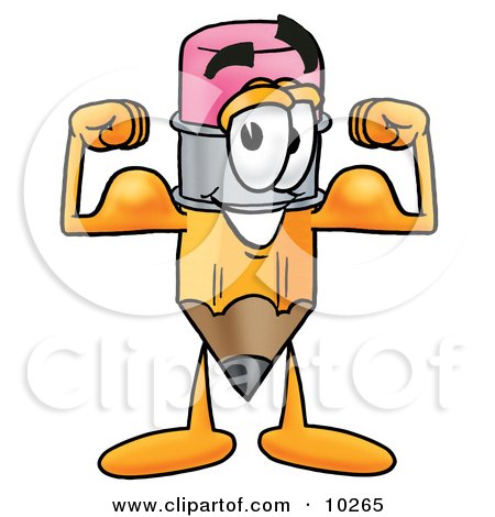 Clipart Picture of a Pencil Mascot Cartoon Character Flexing His Arm Muscles by Mascot Junction