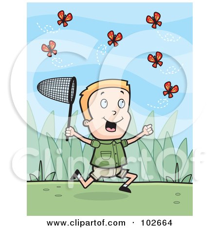 Royalty-Free (RF) Clipart Illustration of a Happy Blond Boy Chasing Butterflies With A Net by Cory Thoman
