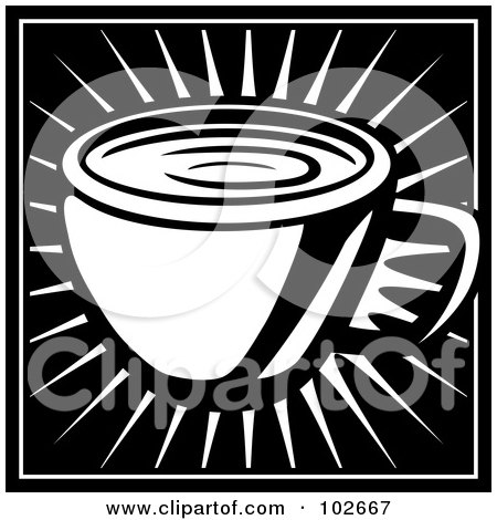 Royalty-Free (RF) Clipart Illustration of a Black And White Coffee Cup On A Burst by Cory Thoman