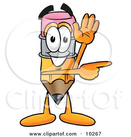 Clipart Picture of a Pencil Mascot Cartoon Character Waving and Pointing by Mascot Junction