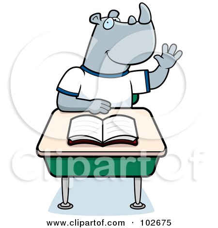 Royalty-Free (RF) Clipart Illustration of a Smart Rhino Student Raising His Hand by Cory Thoman