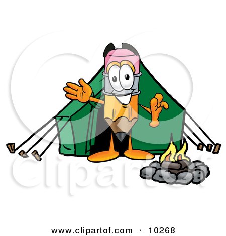Clipart Picture of a Pencil Mascot Cartoon Character Camping With a Tent and Fire by Mascot Junction